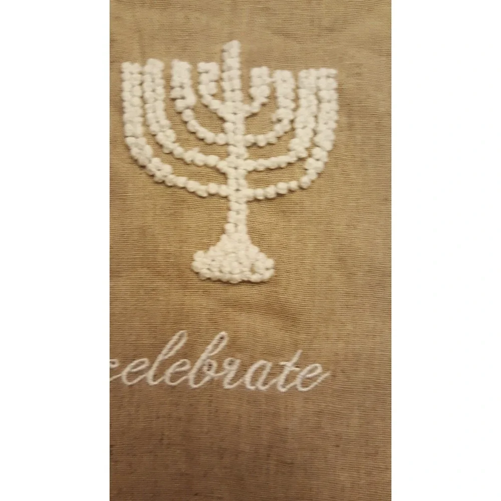 Mud pie oatmeal linen French knot embroidered Menorah Hand towel